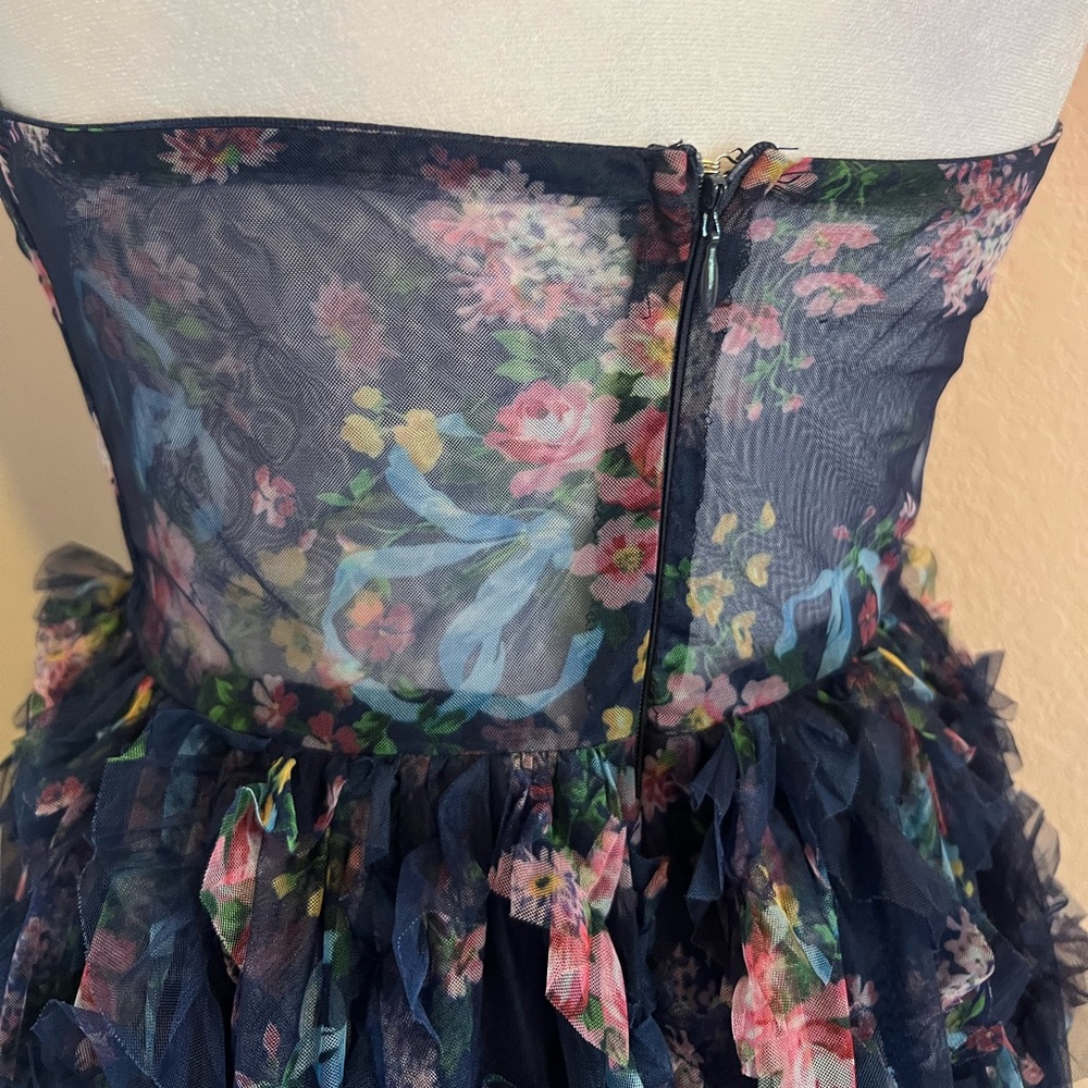 Lulus Stunning Element Navy Floral Mesh Ruffled Strapless Maxi Dress - Picture 10 of 13